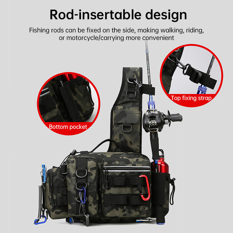 Men's Fishing Backpack: Equipped with bait box, equipment storage bag, pole holder, sling & shoulder bag design.
