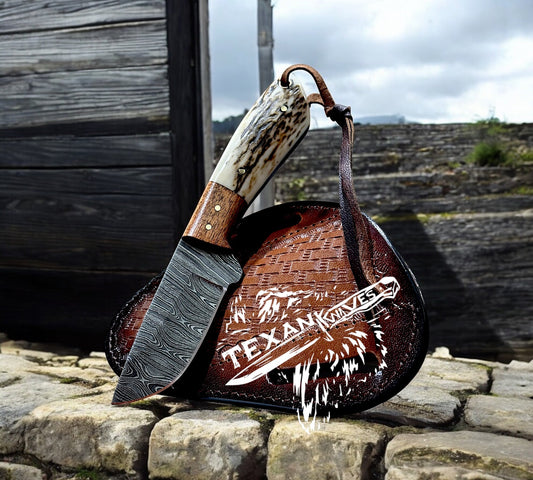 Custom Skinning Knife – 8” Handmade Damascus Steel Blade with Rosewood or Antler Horn Handle & Leather Sheath