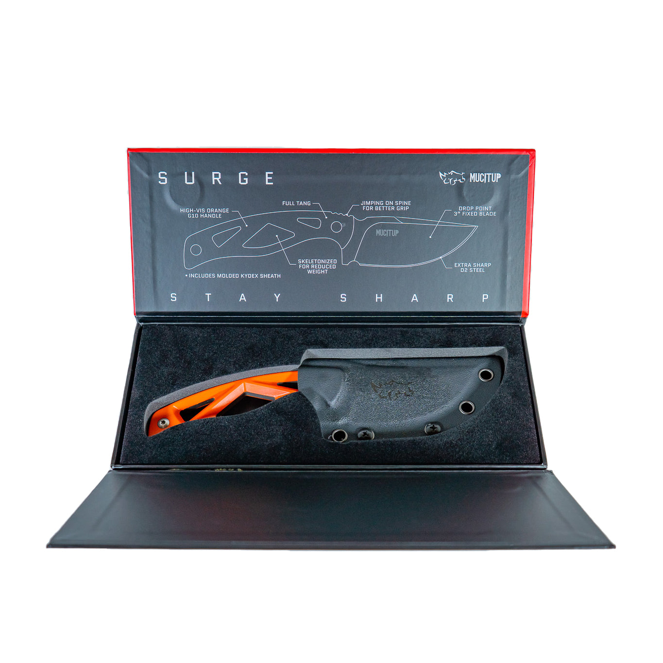 MUCITUP MUCTAC Surge Fixed Blade Knife D2 Steel 3" Blade G10 Handle + Kydex Sheath